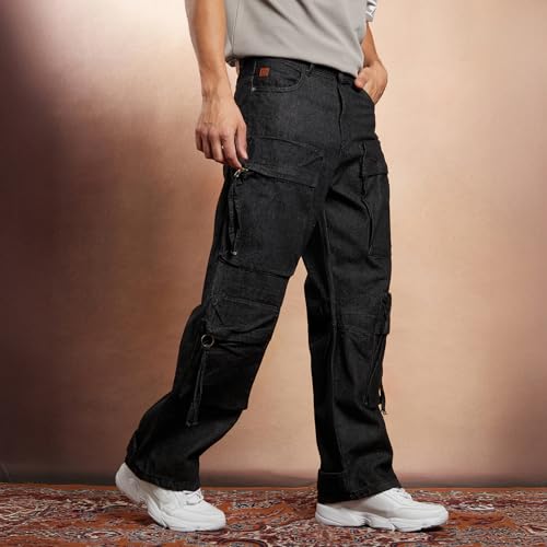 Image of CAHOOT Men Denim Jeans - Relaxed Fit Mid Rise Solid Pattern - 100% Cotton Dark-Wash Denim with Turned-Up Cuffs & Six Pockets for Casual & Street Wear