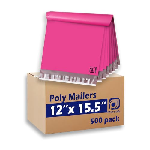 POLYSELLS 500 pcs 12x15.5 Inches Pink Poly Mailers Shipping Envelopes, Strong Adhesive Sealing, Waterproof, and Tear-resistant Postal Mailing Bags for Clothing, Books, and Accessories