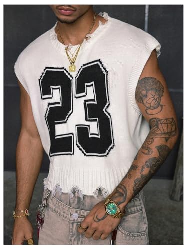 Floerns Men's Number Print Distressed Vest Sweater Crew Neck Sleeveless Knit Pullovers3