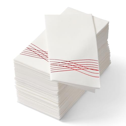 By Madee 50 Pcs PREMIUM Holiday Napkins Disposable | Red Disposable Napkins | Cloth Like Christmas Disposable Hand Towels for Bathroom | Metallic Foil Stamped | Thicker and Softer than Others