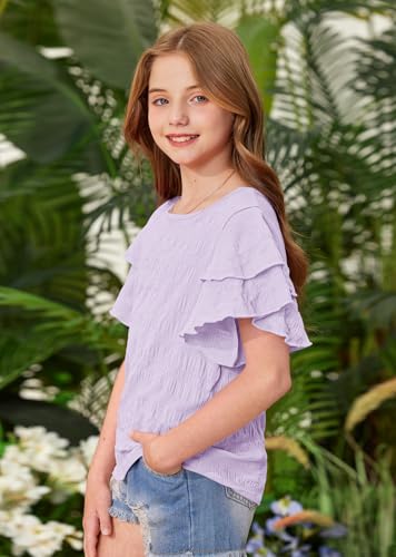 Image of Girls Summer Crewneck Tee Shirts Double Ruffle Short Sleeve Stretch Textured Fabric Casual Blouse 5-14 Years