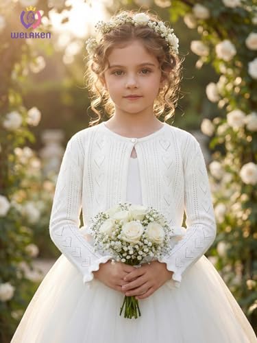 Image of Girls Cotton Knit Shrug Cardigan with Long Sleeve Ruffle Hem
