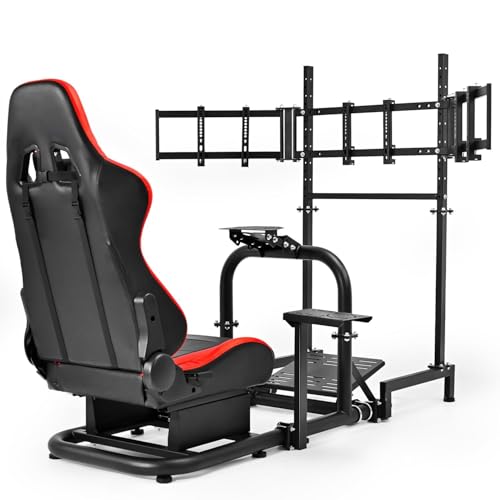 Dardoo Racing Simulator Cockpit Vertical Bracket with Triple Monitor Stand and Red Seat Fit for Logitech G29 G920 G923, for Thrustmaster T300RS CSL-DD, for Fanatec