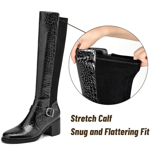 Womens Knee High Boots Chunky Low Heel Tall Boots Faux Leather Crocodile Boots Long Riding Boots2
