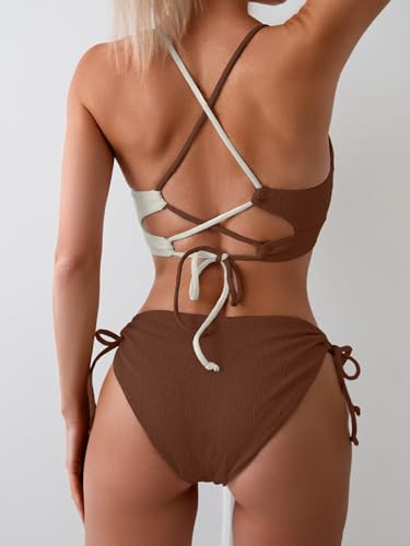 Image of B2prity Tie Bikini Top Set Sexy Push Up 2 Piece Swimsuit Color Block Bathing Suit Full Coverage Swimwear for Curvy Women
