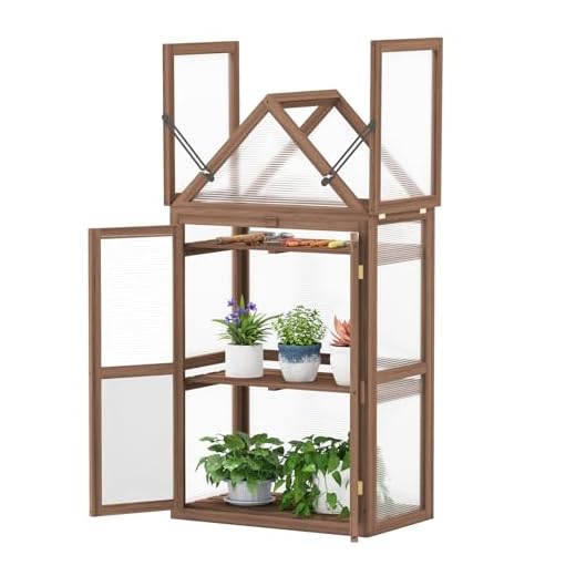 COSTWAY Frühbeet Mini Gewächshaus, 3-stöckiges Pflanzenbeet mit aufklappbarem Dach, Anzuchthaus mit 2 Türen, Treibhaus aus Holz & Polycarbonat, Aufzuchtschrank für Balkon Garten, Braun, 71x41x133cm