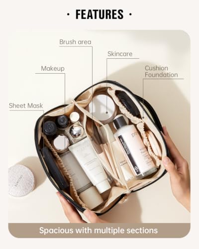 Image of EACHY Travel Makeup Bag, Large Capacity Cosmetic Bag for Women, Waterproof PU Leather, Flat Open Portable Toiletry Bag for Skincare, Brushes & Travel Essentials