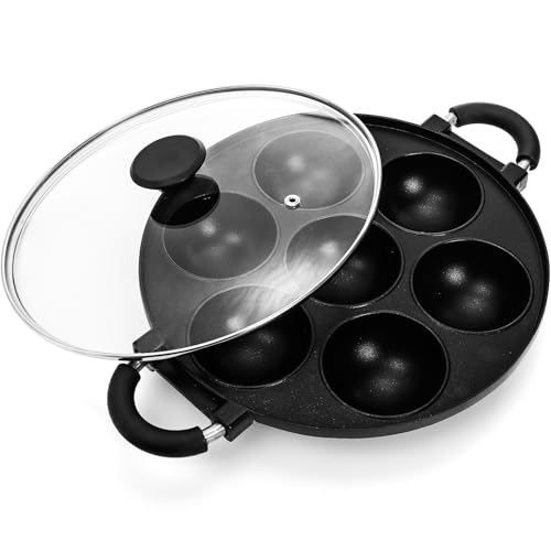 WUWEOT Aebleskiver Pan Non Stick Appe Grill 3.15 Appam Maker Griddle Aluminium Pancake Octopus Ball Half Sphere Pan with 2 Side Handle and Glass Cover Lid