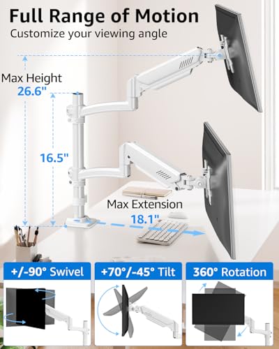 Image of Dual Monitor Stand Height up to 26.6 inch, Monitor Desk Mount Holds up to 32 inch & 22 lbs Each, Gas Spring Dual Monitors Arm with C-clamp & Grommet Mounting, Freelift White