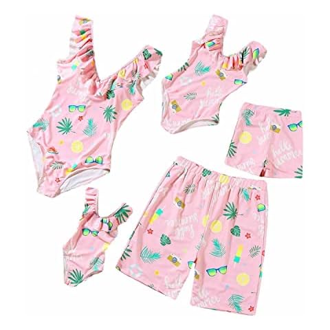 HengBo Mommy and Me Swimsuits, Girls Bathing Suits, Flower Print One Piece Bikini, Family Matching Swimwear, Pink, 6-7 Years Cover