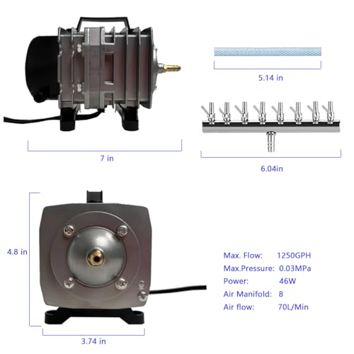 Image of Commercial Air Pump 1250 GPH 8 Outlet 46W 70L /min for Aquarium and Hydroponic Systems