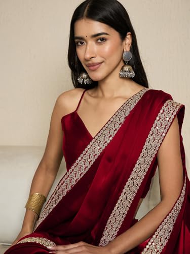 Image of AKHILAM Women's Satin Solid Ready To Wear one Minute Saree with Unstitched Blouse Piece