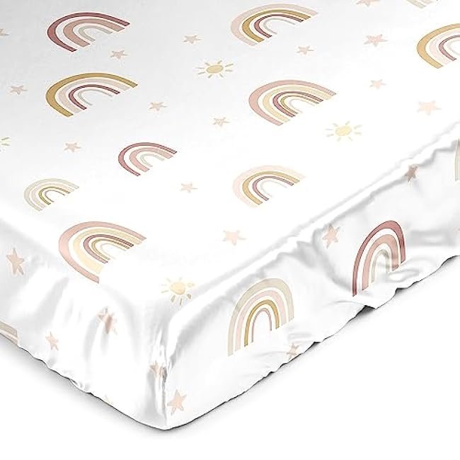 Sweet Jojo Designs Boho Rainbow Girl Baby Satin Fitted Crib Sheet Infant Newborn Nursery Toddler Bed Room Standard Mattress Blush Pink Yellow Bohemian Modern Neutral Vintage Rose Gold Beige Stars Sun