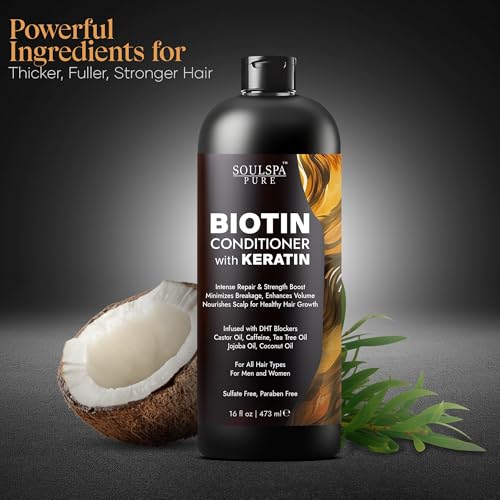 Image of Biotin Conditioner with Keratin - Intense Repair & Strength Boost Formula - Nourishes Scalp for Healthy Hair Growth, with Tea Tree Oil & DHT Blockers, for Men & Women, 16 fl oz - SOULSPA PURE