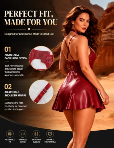 Image of ohyeah Faux Leather Lingerie Set for Women Plus Size PU Lingerie V Neck Backless Babydoll Chemise Mini Lingerie Dress