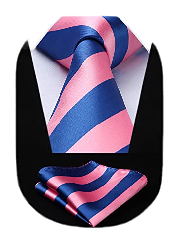 Image of HISDERN Stripe Tie Mens Ties with Pocket Square Set Classic 3.4'' Silk Formal Necktie Handkerchief for Business Wedding
