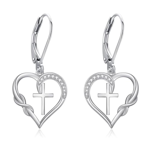 ONEFINITY Cross Moissanite Earrings for Women 925 Sterling Silver Leverback Cross Heart Dangle Drop Earring Cross Religion Jewelry for Women