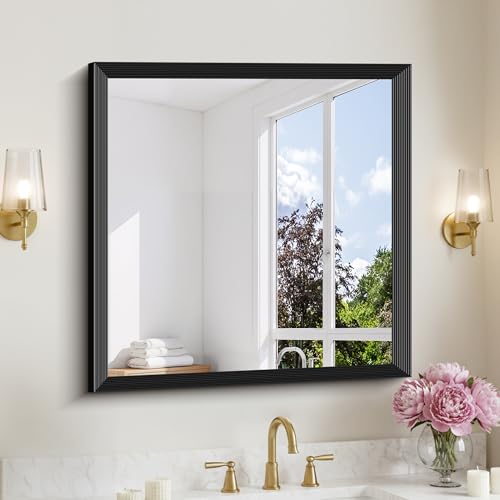 Image of 30x30 Inch Black Bathroom Mirror for Wall, Thick Metal Framed Rectangle Mirrors for Over Sink,Decorative Wall Mirror for Bedroom Bathroom Living Room,Anti-Rust, HD Tempered Glass
