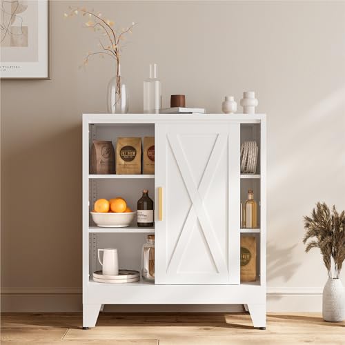 COFaR White 37' H Sliding Door Storage Cabinet, Half Open Half Closed Design, 3-Tier Kitchen Organizer with Adjustable Shelves, 150 lbs Top, Metal Coffee Bar & Buffet Sideboard for Dining Room