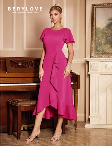 Image of BeryLove Women Formal Party Dress Flutter Short Sleeve Wedding Cocktail Long Evening Dress