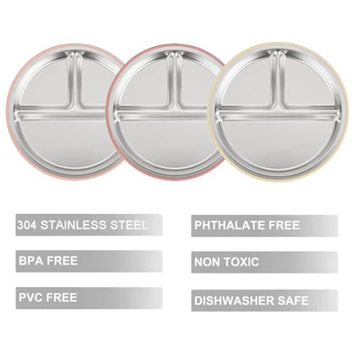 PandaEar 3 Stück Edelstahl-Baby-Saugnapfteller, geteilter Kleinkind-Teller für Babys, LED-Entwöhnungsbedarf, rutschfestes Kleinkind-Baby-Fütter-Set, spülmaschinenfest (Pink/Leinen/Hellrosa)