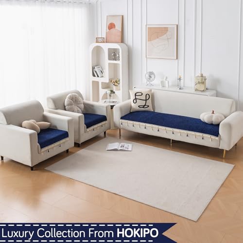 Image of HOKIPO 'Serenity Tassel' Chenille Sofa Cover 5 Seater Set with Tassels - Washable 3+1+1 Sofa Cover Mat | Sapphire Navy (IN-890 * 2 + IN-892 - NBL)