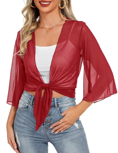 Image of Totatuit Women's Short Cardigan Bolero Sheer Shrug Tie Open Front Bell Sleeve Summer Cropped Bolero Cardigan