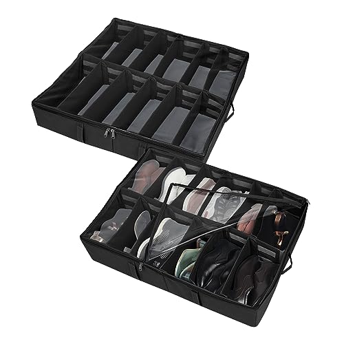 DOUBLE R BAGS Under Bed Shoe Organizer with Zipper | 12 Compartments | Dustproof Space-Saving Storage Box for Sneakers, Heels & Boots | Black (72x61x13 cm) Pack of 2