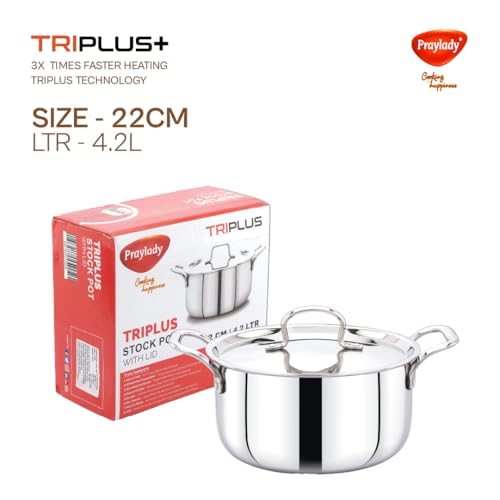 Image of Praylady TRIPLUS+ Triply Stainless Steel Stock Pot 22 cm | 4.2 L | Biryani | Handi | Casserole | Patila | Soup | Curry | Induction & Gas Compatible | with Lid