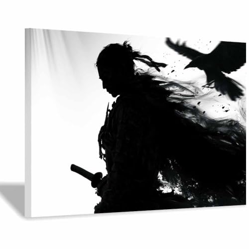 Poster Corbeau Samouraï Noir et Blanc - Tableau Toile Décoration Salon 60x80cm