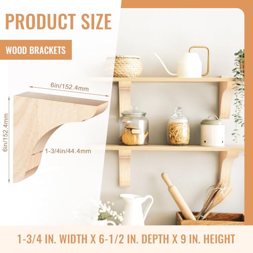 Image of Vercraft 2 Pcs Wood Corbels Wooden Shelf Brackets, Unfinished Paintable Bracket with Hanging Hook for Doorway Countertop Kitchen Cabinet Book Shelves, Rubber Wood (6 x 6 x 1.75 Inches)