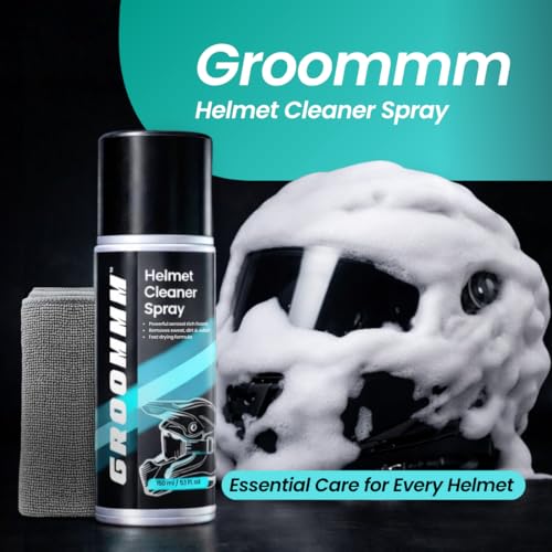 Image of GROOMMM Helmet Cleaner Spray Inner Foam 150ml With Lemonish Fragrance | Cleaner Instant Drying | Dirt Remover For Helmet Interior, Exterior & Visor With Microfibercloth | Safe For Skin & Hair