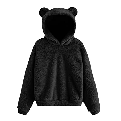 WAZHAKU Sudadera con capucha de forro polar para mujer con orejas de oso y capucha, suéter de invierno, manga larga, sudadera de felpa para mujer, sudadera de felpa de gran tamaño, sudaderas mullidas