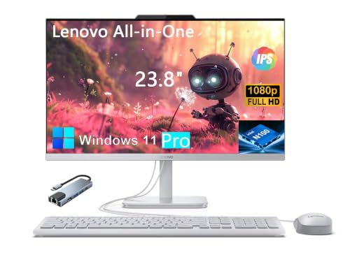 Image of Lenovo A100 23.8 inch FHD All-in-One Desktop (Intel N100, 8GB, 512GB SSD) | Lenovo 23.8 inch White Space-saving AIO computer, Wi-Fi 6, Webcam, Win 11 Pro, Wired keyboard and mouse, with Hub