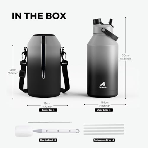 Image of POWCAN 64 oz Insulated Water Bottle with 2-in-1 Straw and Spout Lid, Keep Cold 48H, Leakproof, Carrier Bag, Stainless Steel Sport Water Bottle for Men, Fitness, Outdoors, Gym and Travel (Obsidian)