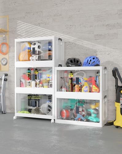 OlarHike 97QT Stackable Storage Bins with Lids - Folding Storage Box with Doors and Wheels, Collapsible Plastic Storage Drawers for Closets, 5 Pack Cubes