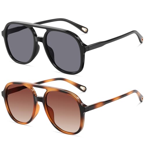 Retro Square Aviator Sunglasses for Womens Mens Vintage 70s Double Bridge Sun Glasses