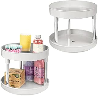 mDesign Set of 2 Lazy Susan Spice Rack  2-Tier Kitchen Storage Unit with Rotatable Shelving Made of Plastic  Perfect for Use as Condiment Holder, Spice Rack and More  Light Grey/Chrome