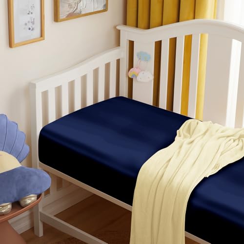 Image of Entisn 28x52 Satin Fitted Crib Sheet 2 Pack, Navy Blue | 8-Inch Deep Pocket Snug Fit, Silky Satin Protects Hair And Skin, No-Slip Reinforced Edges, Machine Washable Fade-Resistant