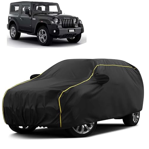 Image of Sulfar 100% Water Resistant Car Body Cover Compatible with Mirror for Mahindra Thar (Triple Stitched, Full Bottom Elastic, Black Taffeta with Yellow Piping)