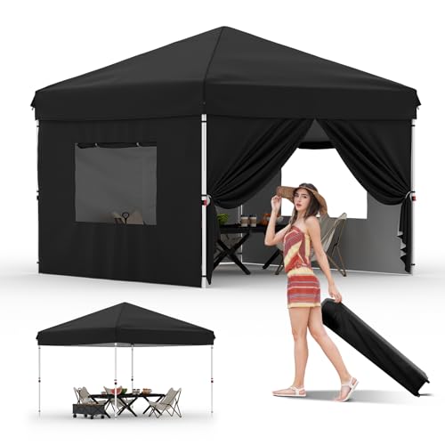 10x10FT Instant Pop Up Canopy Tent with 4 Side Walls, Heavy Duty Canopy Set, Waterproof and UV Protected Tailgate Tent for Outdoor Events (Black)