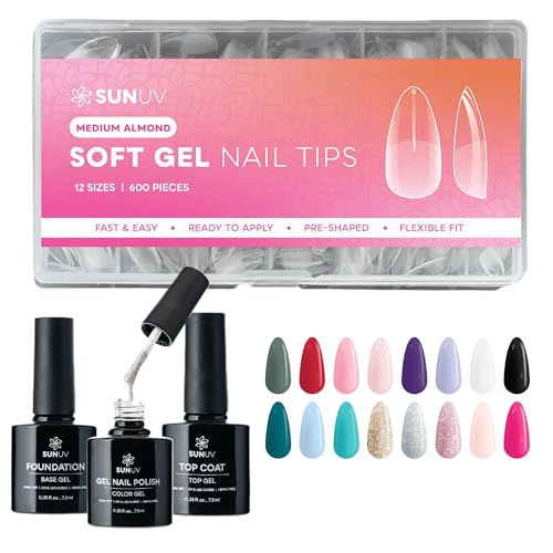SUNUV 16 Colors Gel Polish Set, 600 PCS Medium Almond