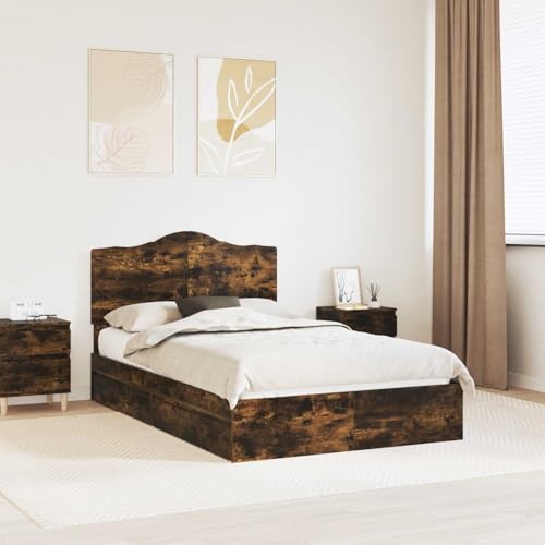 Molumvel Stauraumbett 135 x 190 cm Geräucherte Eiche Doppelbett mit Schubladen und Kopfteil Bettgestell aus Holzwerkstoff Schlafzimmermöbel