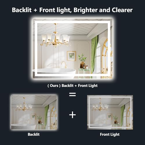 Image of 50x36 Inch LED Bathroom Mirror with Lights Front and Backlit Lighted Vanity Mirror for Bathroom Wall with 3 Colors Dimmable Anti-Fog Memory Shatter-Proof IP54 Waterproof Horizontal /Vertical