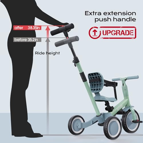 Image of newyoo Toddler Tricycle with Push Handle for 1-3 Year Old, Toddler Bike, Birthday Gifts and Toys for Boys and Girls, 5 in 1 Kids Trike, Convert to Baby Balance Bike, Green, TR007