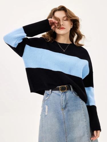 Image of URBANBAG Rolled Edges Striped Sweatshirt Fall Cute Loose Fitting Tops for Women