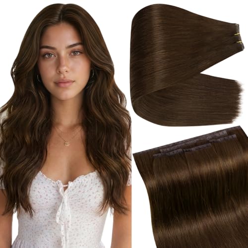 Image of Full Shine Butterfly Weft Human Hair Extensions Warm Chestnut Brown 22 Inch | Remy Human Hair, Thin Double Layer, Easy Wear & Remove, 100g 5pcs Natural Volume, Party Look, Beginner Friendly