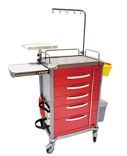 MS3C-600CR Hospital Emergency Crash Cart with Accessory Package with IV Pole, O2 Holder, Cardiac Board, Trash Can and Drawer Dividers - Thumbnail 2