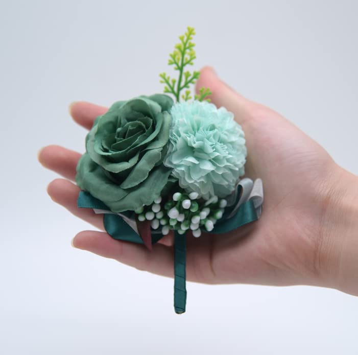 Rikyo 2pc Rose Flower Wrist Corsage & Boutonniere Set, Silk Flower for Bride & Groom, Cake & Party Decor (Blackish Green) - Image 2
