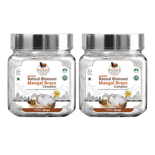 Image of First Lab Tested Natural Bhimseni Mangal Brass Camphor | 100% Pure Organic Solid Kapoor for Electric Diffuser, Pooja, Havan, Aarti, Aromatherapy | Pacha Kapooram Premium Glass Jar (250gm, 2 Pack)